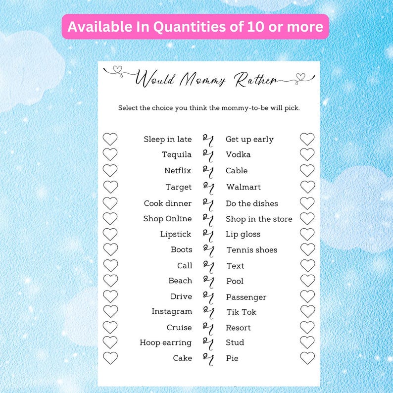 Custom Baby Shower, Printed Baby Shower Game, Baby Shower Games, Would Mommy Rather Would She Rather Minimalist Baby Shower Game Modern